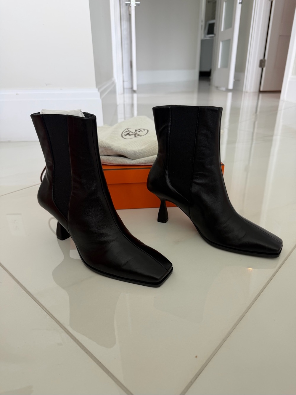 Hermes Black Leather Square-Toe Mid-Calf Boots